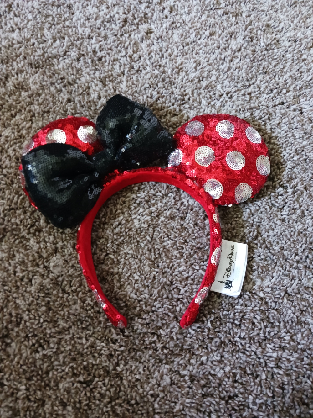 Disney Red Sequin Minnie Ear Headband with Black Bow and Silver Polka Dots